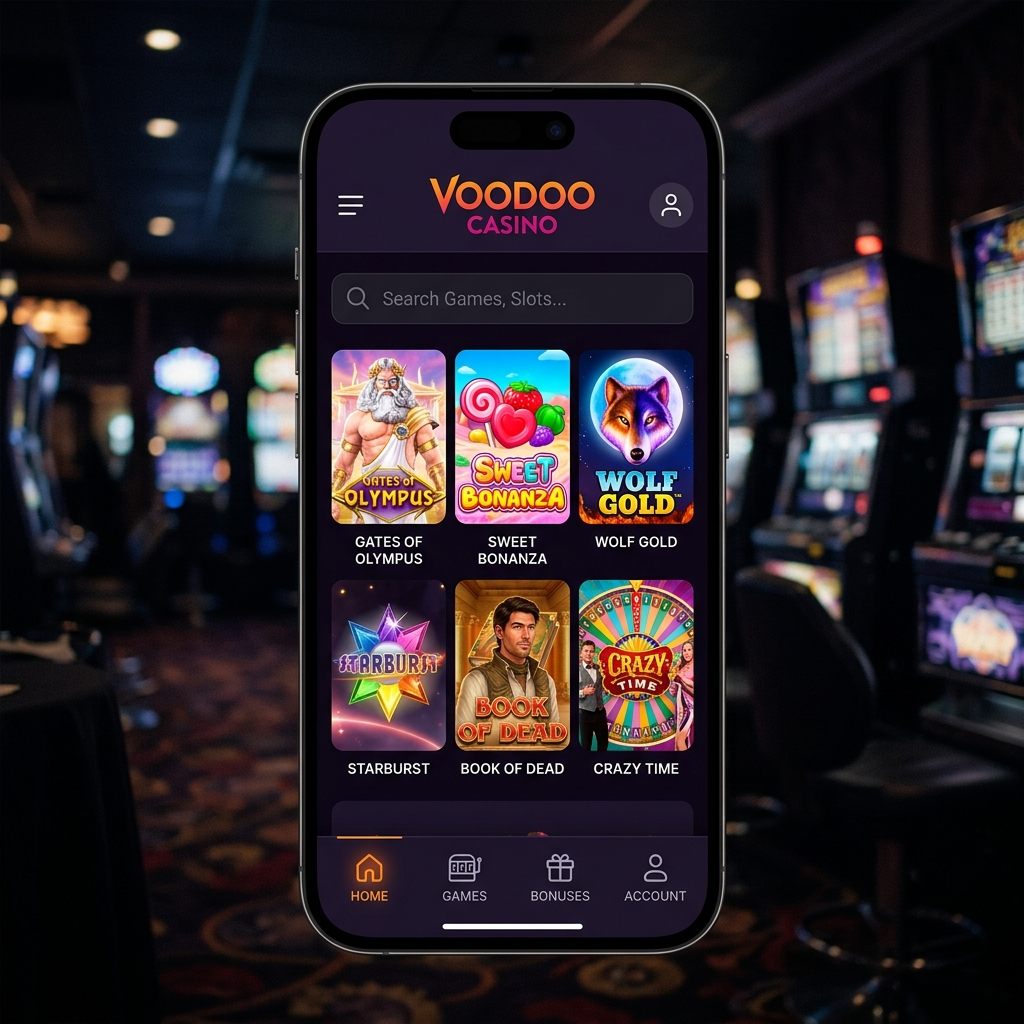Voodoo Casino mobile app interface on iPhone